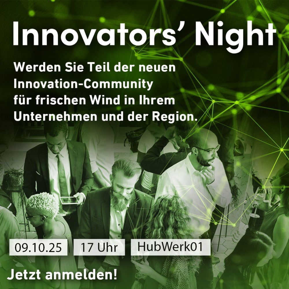 Am 9. Oktober 2025 findet die vierte Innovators' Night im HubWerk01 in Bruchsal statt- ALle Unternehmer sind herzlich eingeladen.